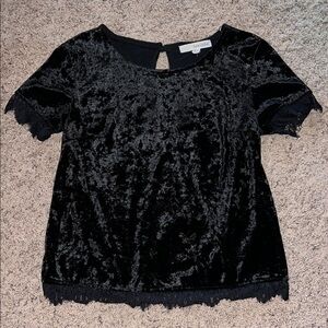 Rewind Black Velvet Short Sleeve Blouse with Lace